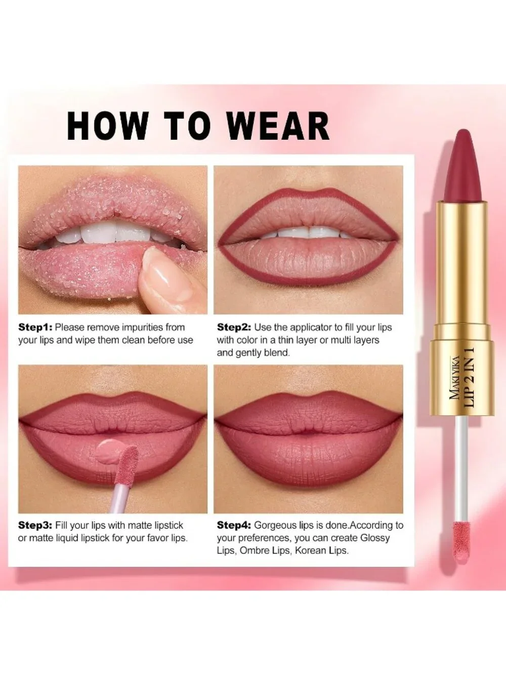 Women's LGA03 2-in-1 Long Lasting Ombre Lips Double-Ended Matte Liquid Lipstick